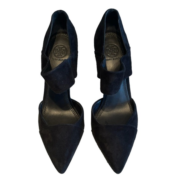 Tory Burch Saray Black Suede Leather Pointed Toe Strapped Wedges Size 7 - Picture 1 of 10